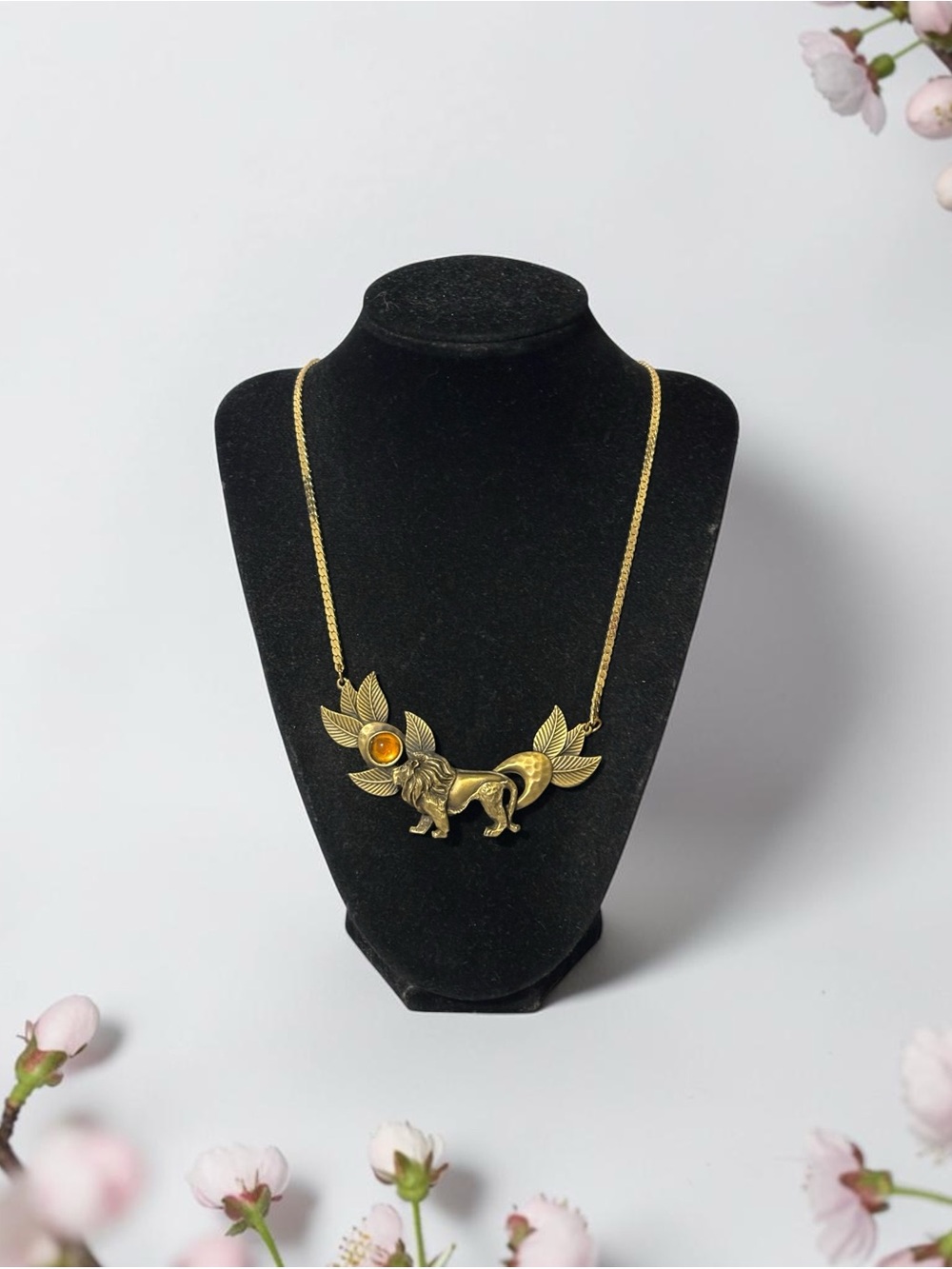 Vintage Brass Lion Pendant Necklace with Amber Accent 21”
